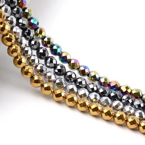 Faceted electroplated hematite round loose beads in gold silver and rainbow for DIY jewelry