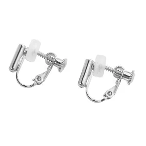 Silver-plated screw-back earring converters with clear silicone pads for DIY jewelry.