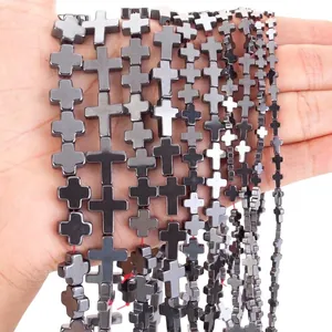 Natural Black Hematite Cross Beads For DIY Jewelry Making Polished Cross Shaped Loose Beads Religious Strands For Necklaces Bracelets Accessories