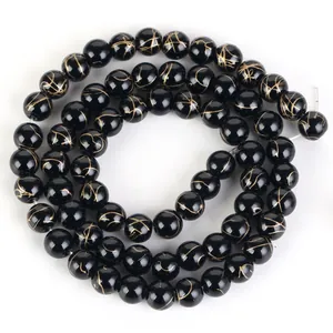 Zwart goud zijden agaat ronde kralen voor DIY sieraden maken armbanden en kettingen.