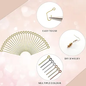 Detail of metal eye pins in various colors for jewelry making with easy usage guide.