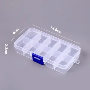 10-compartment clear plastic storage box with dimensions 12.8x6x2.3cm for small items
