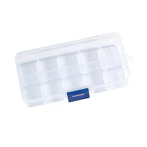Detailed view of a 15-compartment clear plastic storage box with blue latch