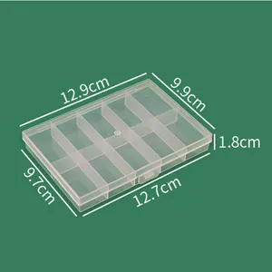 Transparent plastic storage box detail showing dimensions 12.9x9.9x1.8cm