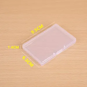 Detailed view of a small transparent plastic storage box showing dimensions 9.5x6.3x1.4 cm