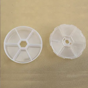 Top view of transparent circular 6-compartment plastic storage box with lid