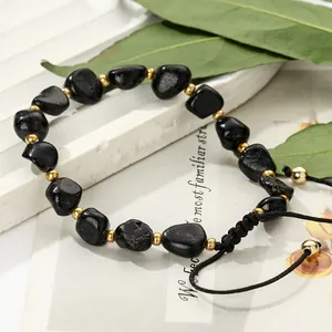 Handmade Natural Black Tourmaline Bracelet Adjustable Braided Rope Bracelet With Gold Rice Beads For Women Men Natural Stone Jewelry