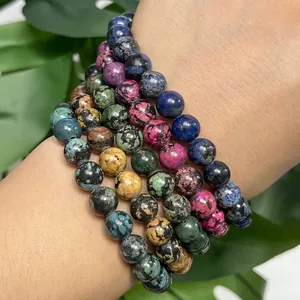 Close-up detail of colorful snowflake turquoise bead bracelets worn on a person's wrist