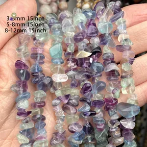 Close-up of natural colorful fluorite chip beads showing various sizes and textures.