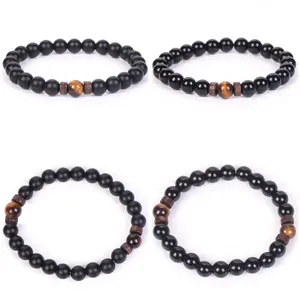 Bracelet en Perles d'Onyx Noir Mat Pierre de Lave Style Ethnique Avec Entretoises en Bois Oeil de Tigre Jaune Bijoux Unisexe Fait Main Rétro