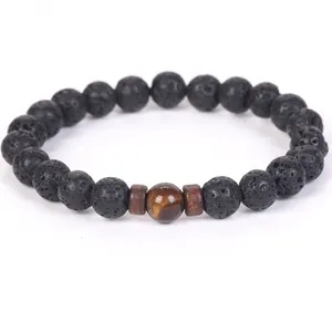 Bracelet en perles de pierre de lave noire naturelle avec oeil de tigre unisexe style