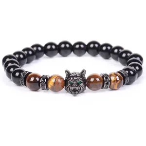 Stilvolles Herren 8mm Armband aus Tigerauge und schwarzem Obsidian mit Zirkon-Wolfskopf
