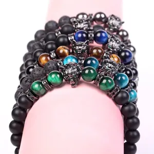 8mm Natursteinperlen Armband mit Obsidian Tigerauge und Wolfskopf Anhänger