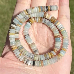 Macro detail of natural colorful Amazonite stone abacus beads for jewelry making.