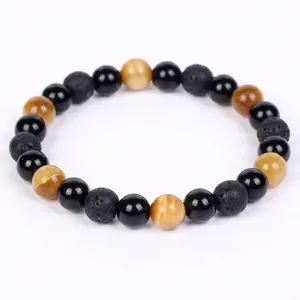 Handmade 8mm natural tiger eye and black lava rock stone beaded bracelet for men and women
