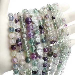 Natural multi-colored fluorite beads in various shapes for DIY jewelry bracelet making.