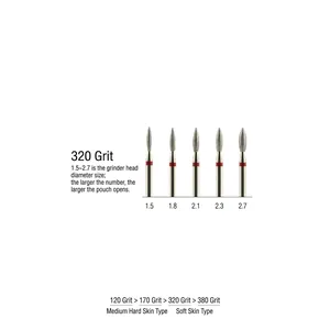 Macro view of 320 grit diamond nail drill bits in 5 different diameters