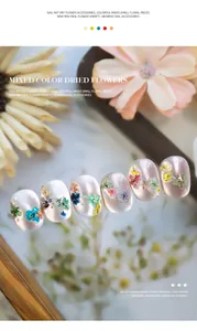 Detailweergave van gemengde droogbloemaccessoires op glanzende nail art-ontwerpen.