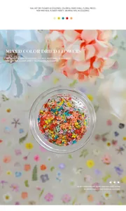 Macro-weergave van kleurrijke gemengde droogbloemen voor nail art in een glazen kom