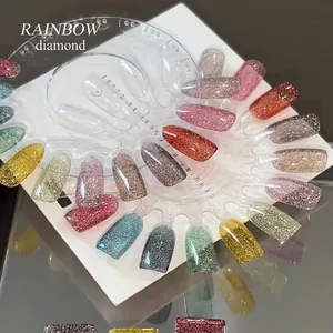 Glitter rainbow diamond nail gel polish set displayed on a clear color wheel
