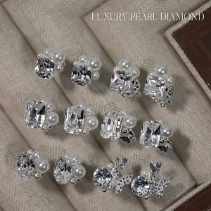 Luxury Alloy Rhinestone Artificial Pearl Nail Art Charms Butterfly Geometric Metal Nail Decorations Silver White Sparkling Manicure DIY Accessories