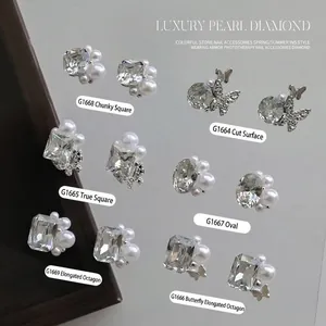 Luxury pearl and diamond nail art charms in various shapes for professional manicure DIY