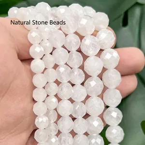 Detailed close-up view of white faceted natural stone beads for DIY jewelry making projects