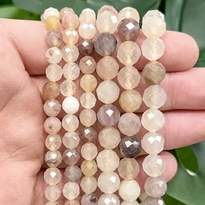 Macro view of faceted natural sunstone and agate beads for DIY jewelry making