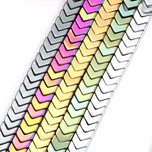Close-up detail of electroplated hematite chevron beads in multiple metallic colors