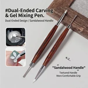 Pennello per Nail Art a Doppia Punta con Manico in Sandalo Penna in Silicone per Intaglio Strumento di Miscelazione Gel per Salone