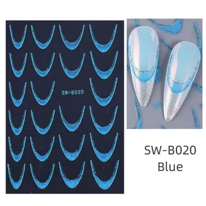 Blue glitter gradient French smile line nail stickers with French tip effect