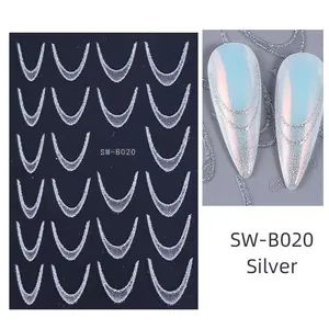 Detail showing silver glitter French smile line nail stickers for DIY manicure art