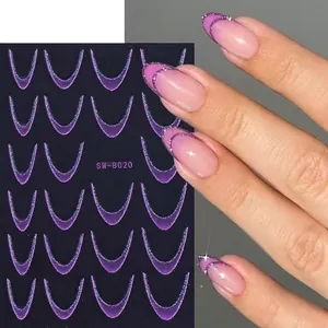 Close-up detail of purple glitter French smile line nail stickers on a manicured hand