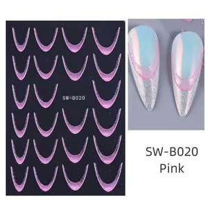 Detailed view of pink glitter gradient French tip nail art stickers model SW-B020