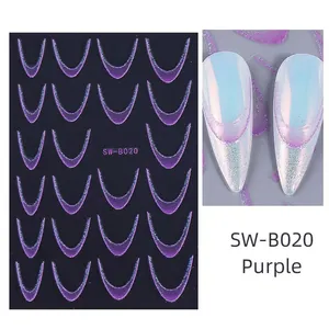 Detailed close-up of purple glitter gradient French tip nail stickers, model SW-B020