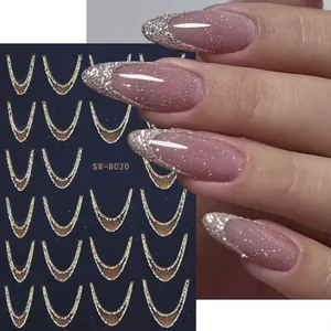 Detailed view of silver glitter gradient French tip nail stickers applied on almond nails