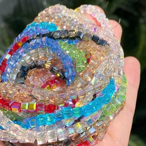 Close-up of 4mm faceted square iridescent crystal glass beads for DIY jewelry making