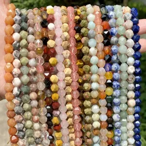 Macro detail of faceted natural stone beads showing diamond-cut texture and varied colors