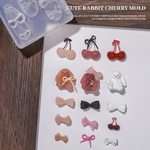 3D silicone nail art mold featuring cute rabbit cherry and bow designs for DIY decor