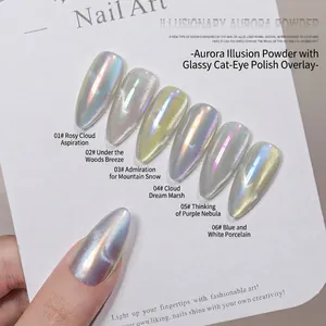 Holografische aurora kattenoog nagelpoeder set met zes iriserende tinten op wit bord