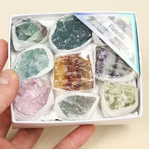 Natural mixed fluorite raw stones mineral specimen set in a white gift box for decor