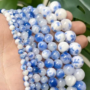 Blue and white Persian jade beads 4-12mm round stone for DIY jewelry making accessories