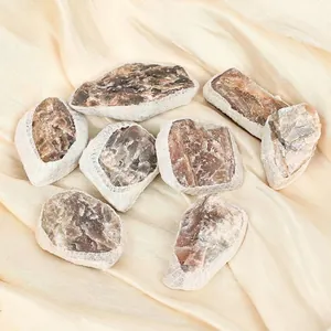Gros plan de spécimens de pierres de lune grises brutes sur un tissu de satin élégant