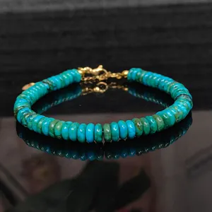 Minimalist Handmade Stone Disc Bead Bracelet Alloy Golden Lobster Clasp Adjustable Turquoise Color Hand String Women Men Jewelry