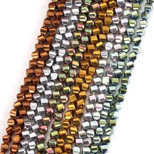 Close-up of electroplated colored hematite beads with a metallic luster for DIY jewelry