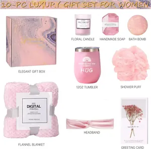 Set de regalo de spa de lujo de 10 piezas para mujer con manta de franela y taza rosa