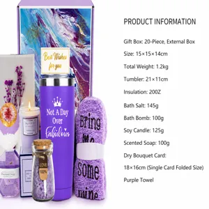 Detailed specifications and items included in the purple aromatherapy bath gift set