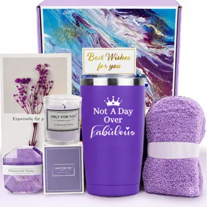 Complete purple birthday gift basket set with vacuum tumbler, scented candle and soap