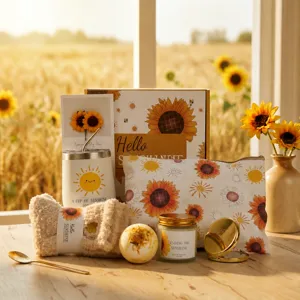 Wellness cadeauset met zonnebloemthema gepresenteerd in een zonnig tarweveld buiten