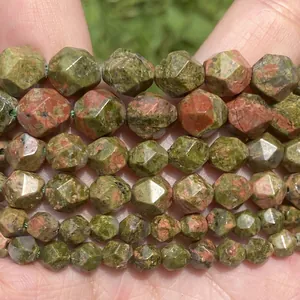 Close-up of faceted natural Unakite stone beads for DIY jewelry making